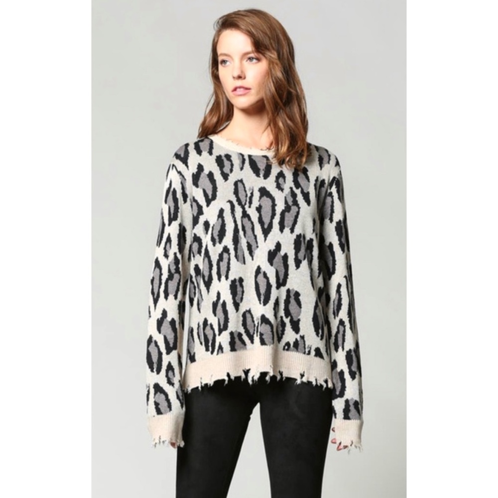 FATE 🌈 Distressed Leopard Print Sweater in Taupe & Black from Anthropologie